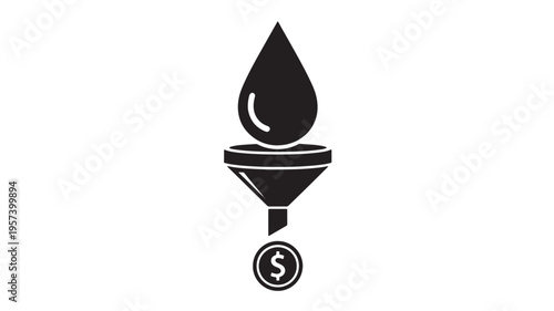 Drop of liquid passing through a funnel and turning into a coin with a dollar sign symbol featuring money, currency, finance with financial and