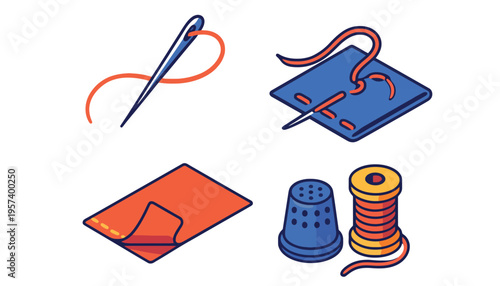 Sewing icon set including needle, thread, and thimble on white background