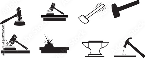 Black gavel and hammer icon set featuring gavel, mallet and anvil symbols for law