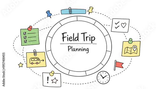 Field trip planning illustration with colorful icons and checklist