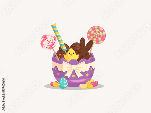 Cute purple Easter eggshell basket filled with lollipop candies, a yellow chick, and a chocolate bunny. Vector illustration of a sweet holiday treats holder with a bow in flat cartoon style.