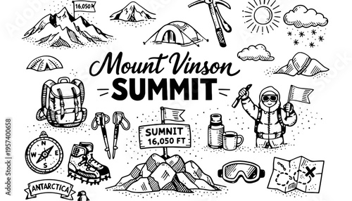 Mount Vinson summit illustration with various climbing and hiking icons