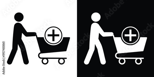 Silhouette of a shopper pushing a cart with a plus sign symbol. Represents increasing order quantity, adding products, consumer loyalty, and retail growth in a modern minimalist style.