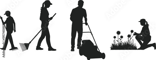 Set of gardener silhouettes isolated on white background landscaping people mowing lawn raking leaves and planting flowers for outdoor design