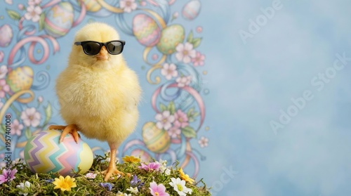 Easter chick wearing sunglasses with egg. Suitable for marketing or business purposes