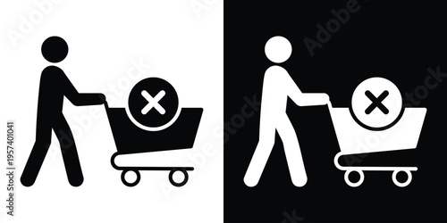 Person pushing a shopping cart with a cross or "X" mark. Symbolizes canceling an order, removing items from basket, rejected transactions, or empty cart status for web and app interfaces.