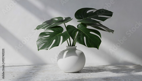 Green Monstera Deliciosa Plant in White Ceramic Vase with Natural Sunlight and Shadow on White Background