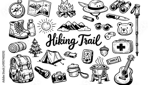 Hiking trail illustration with various outdoor adventure icons and equipment