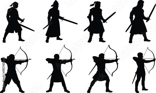 Set of medieval warrior silhouettes including archers with bows and knights with swords representing ancient warfare fantasy characters and historical battle.