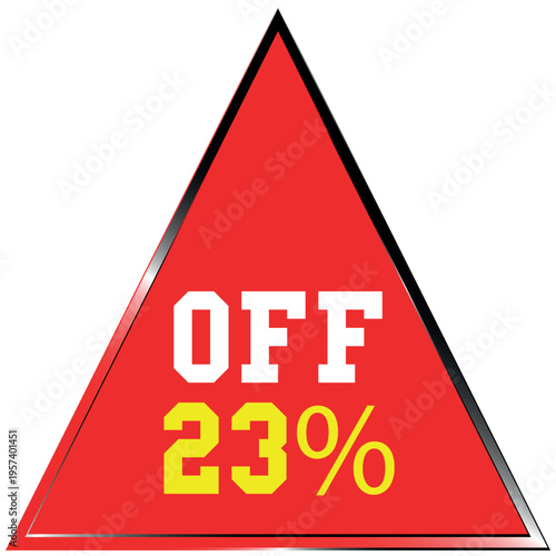 Red triangle with Discount batch white OF and yellow 23 percent text sale discount