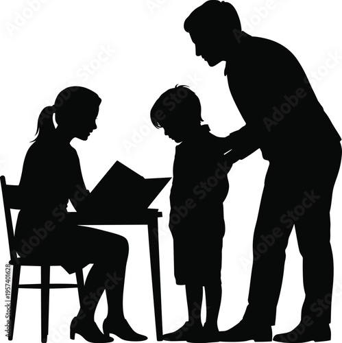 Silhouette of a father and mother teaching their child at a desk representing home schooling, family education, and childhood mentorship.