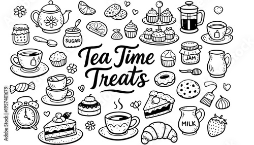 Tea time treats illustration with various sweet and savory items