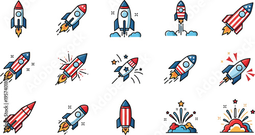 Rocket Launch Icon Set Vector, Startup Growth and Space Shuttle Illustrations, Cartoon Style Rocket Collection with Fire and Cloud Elements