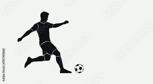 Silhouette of a male soccer player in action, kicking a football on a plain white background, depicting dynamic sports movement.