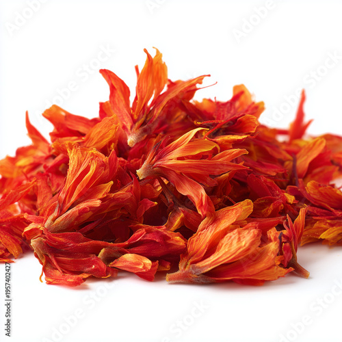 dried safflower petals on white background