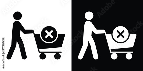 Person pushing a shopping cart with a cross or "X" mark. Symbolizes canceling an order, removing items from basket, rejected transactions, or empty cart status for web and app interfaces.