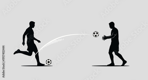 Two male soccer players in blue and red uniforms kicking a soccer ball during a game or practice session.