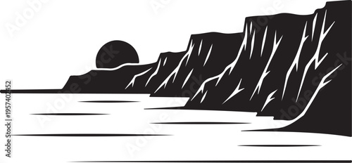 Black and white vector landscape illustration of rocky cliff and ocean at sunset