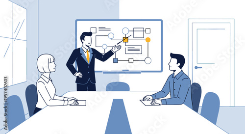 Business team meeting in modern office with presentation on screen in minimalist blue and white color scheme for corporate branding