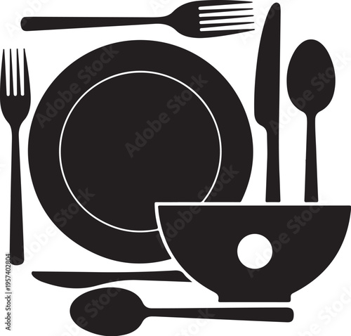 Set of 8 black dining utensils and dishware vector icons