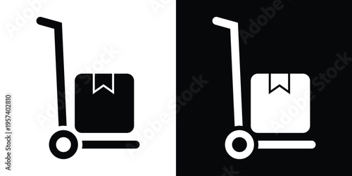 Vector icon of a hand truck carrying a cardboard box. Minimalist silhouette representing logistics, delivery service, warehouse operations, and shipping industries in black and white styles.