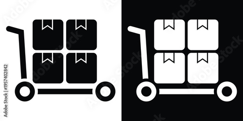 Flat vector illustration of a warehouse platform trolley stacked with four cardboard boxes. Represents bulk shipping, wholesale, storage, and heavy-duty logistics operations.