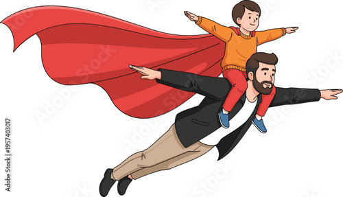 Father and son flying like superheroes with red cape, happy family bonding moment, playful imagination concept, parent child relationship vector illustration isolated