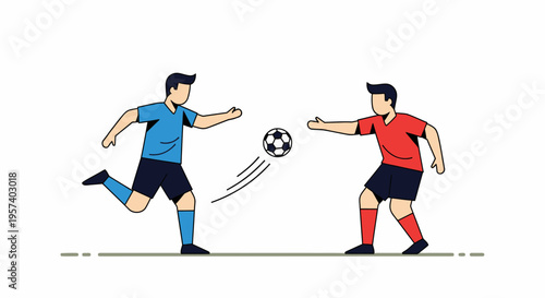 Two male soccer players in blue and red jerseys playing with a football on a white background, depicting a dynamic game moment.