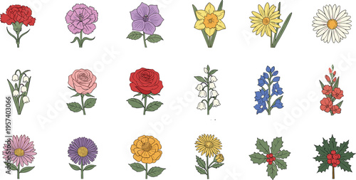 Botanical flower icons set with various garden blossoms, colorful floral collection for decoration and nature themed vector illustration design