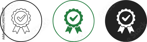badge certification checkmark ribbon icon trio outline filled reversed