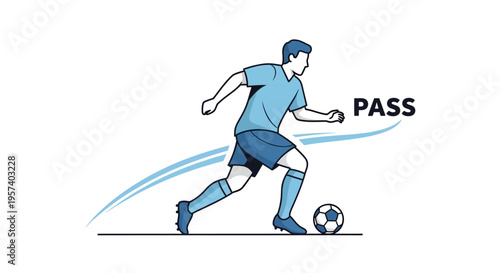 Illustration of a male soccer player in a blue uniform dribbling a ball, with the word 'PASS' indicating a play or instruction.
