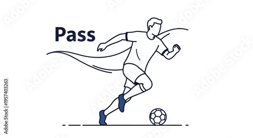 Line art illustration of a male soccer player dribbling a football with the word 'Pass' in the background, depicting a dynamic sports action.