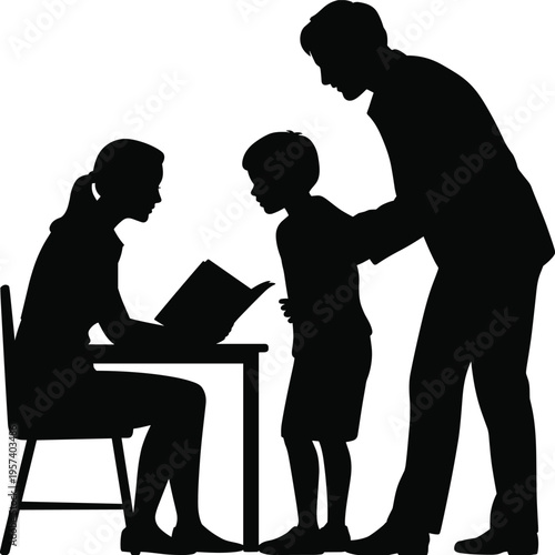 Silhouette of parents teaching their young son at a desk representing home schooling, family education, childhood development, and academic support.