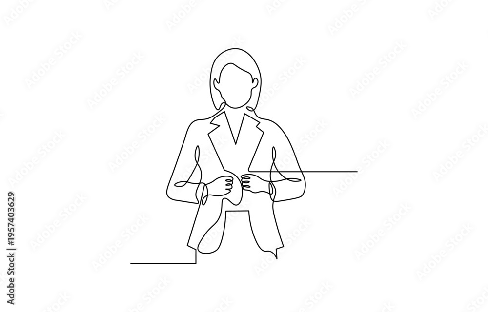 Obraz premium A continuous line drawing depicts a businesswoman in a suit hands clasped together