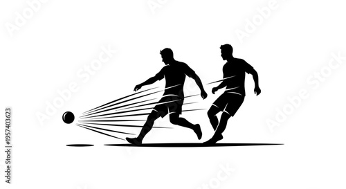 Dynamic silhouette illustration of two soccer players in action, one kicking a ball with speed lines, the other running in pursuit.