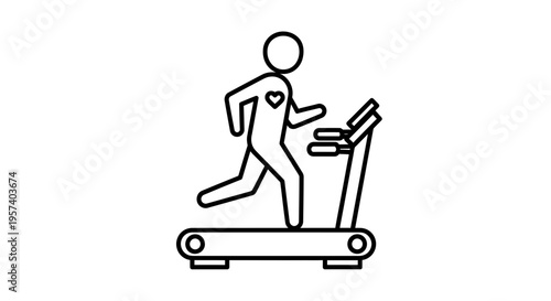 Healthy person running on treadmill, heart symbol on chest, fitness and cardio icon