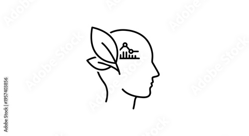 Mindful Growth: Brain Icon with Plant and Growth Chart Symbolizing Eco-Conscious Thinking