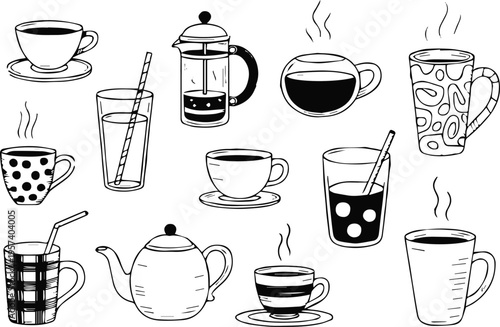coffee cup teapot french press mug and glass vector illustrations