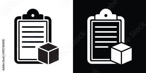 Flat vector icon of a clipboard checklist with a cardboard box. Ideal for logistics management, inventory tracking, delivery documentation, and order fulfillment concepts.