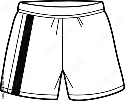 Sports shorts vector illustration with black stripe, athletic apparel outline design