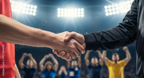 Two people shaking hands in a stadium with a crowd of cheering fans in the background