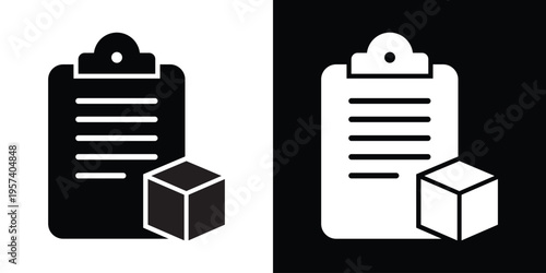 Flat vector icon of a clipboard checklist with a cardboard box. Ideal for logistics management, inventory tracking, delivery documentation, and order fulfillment concepts.