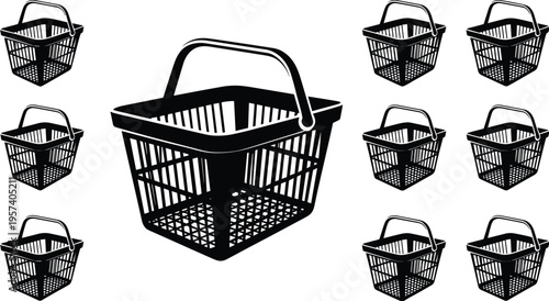 Shopping basket silhouette set, retail container icons, grocery basket collection, supermarket shopping concept, reusable plastic baskets, store equipment, black vector illustration
