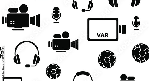 Soccer VAR technology seamless pattern vector with cameras, microphones, and football icons