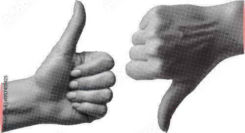 Trendy retro halftone thumbs up and thumbs down. Halftone gestures collage elements. Vector illustration.