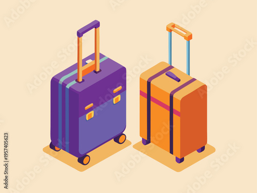Two isometric suitcases, purple and orange, on a light background, baggage claim