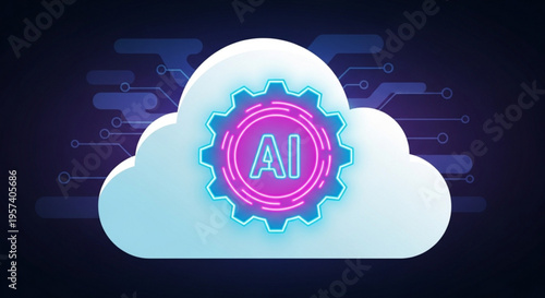 Cloud computing with ai technology concept futuristic gear and circuit board background neon pink and blue lights artificial intelligence symbol