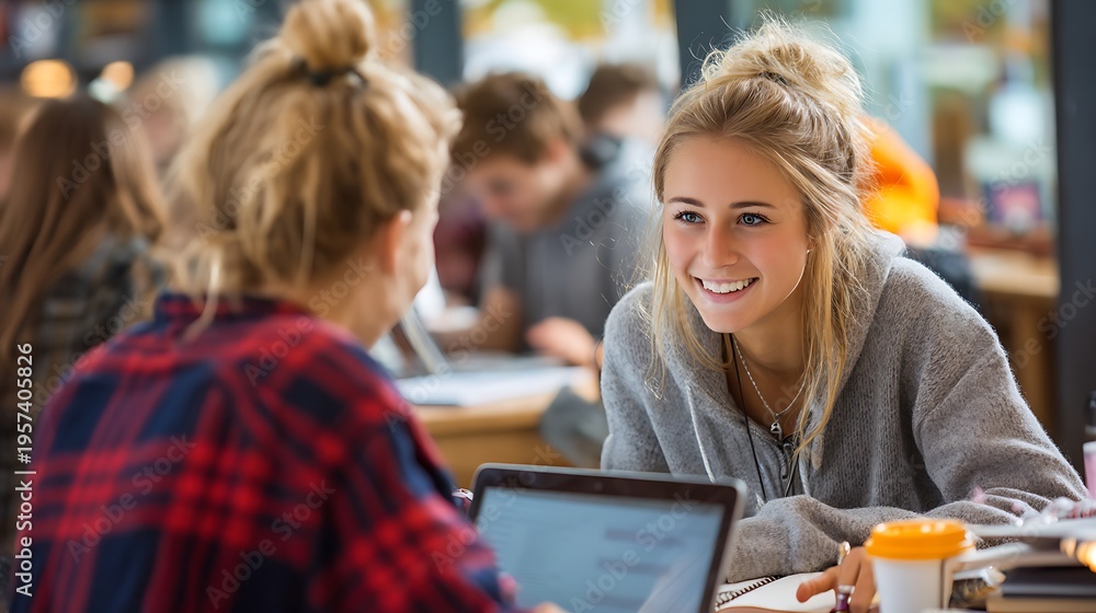 Obraz premium Two Young Women Engaged in Lively Conversation While Studying in a Cozy Café Environment