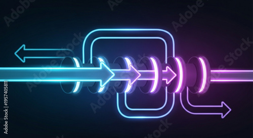 Neon glowing arrows exchange data in a futuristic network connection on a dark background