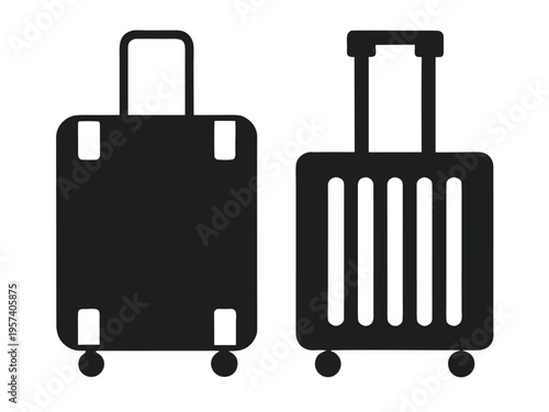 Two black silhouette icons of modern suitcases with wheels